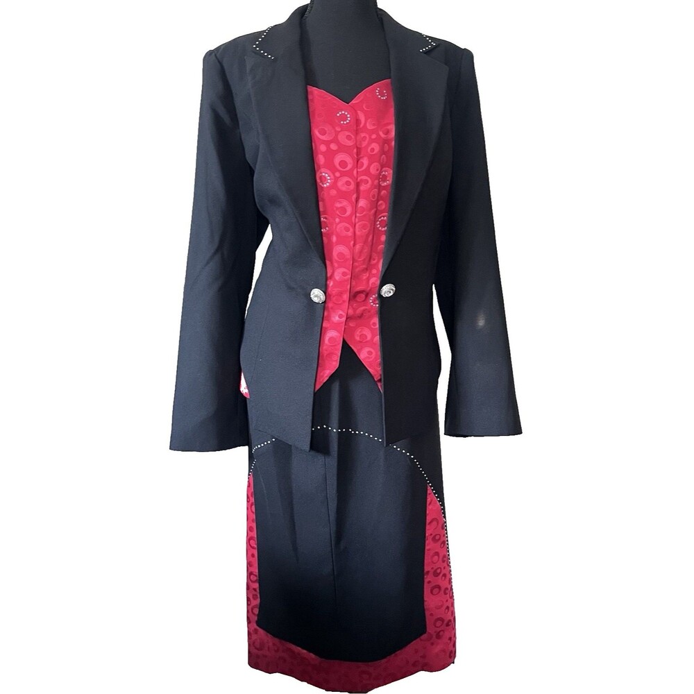 Elite Champagne 2-Piece‎ Rhinestone Embellished Red Black Skirt Suit Size 14